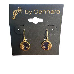 G by Gennaro Gold Tone Dangle Earrings Moon Stars Blue Enamel Hooks 7/8" NEW